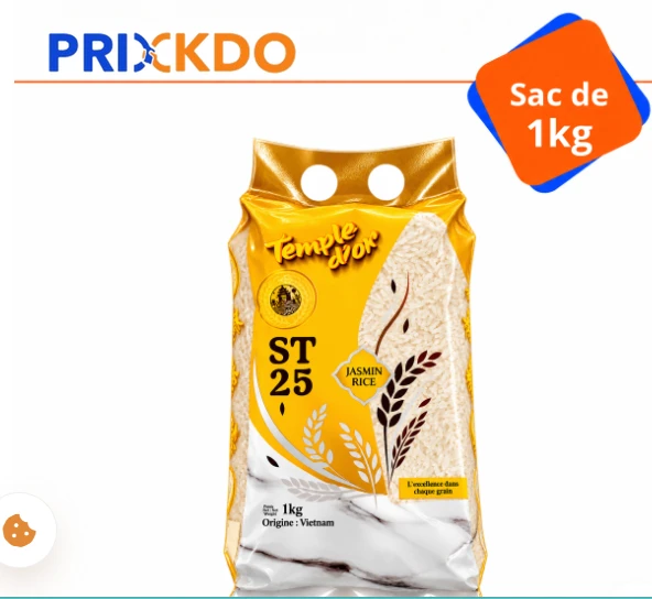 Riz parfumé ST25 Temple d'Or, long grain blanc d'origine Vietnam, en sac de 1 kg.
